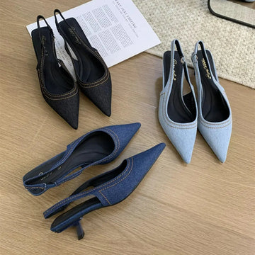 Xajzpa Brand New Women Sandals Fashion Pointed Toe Shallow Slip On Ladies Elegant Slingback Shoes Med Heel Pumps Shoes Mujer